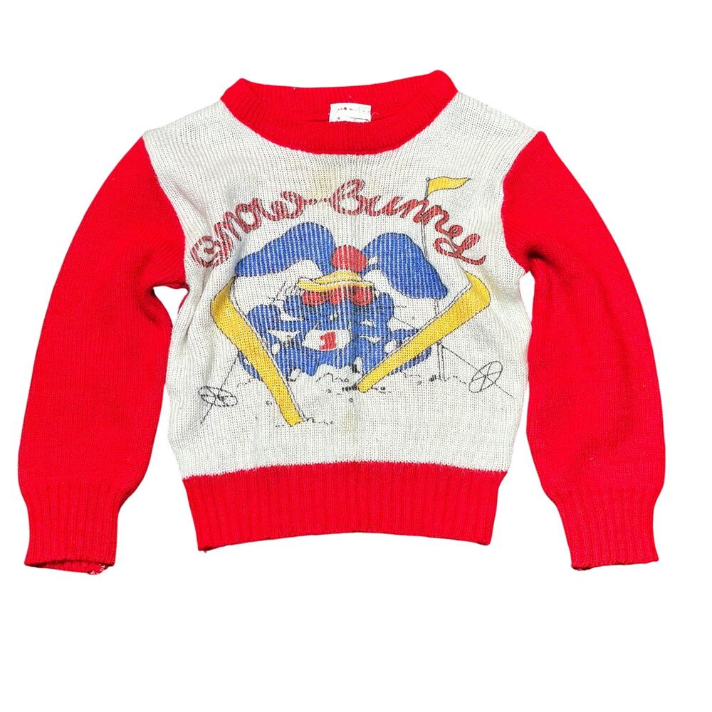 Vintage Esence 18/24M Unisex Sweater Red Knit Snow Bunny Made in Taiwan 90s